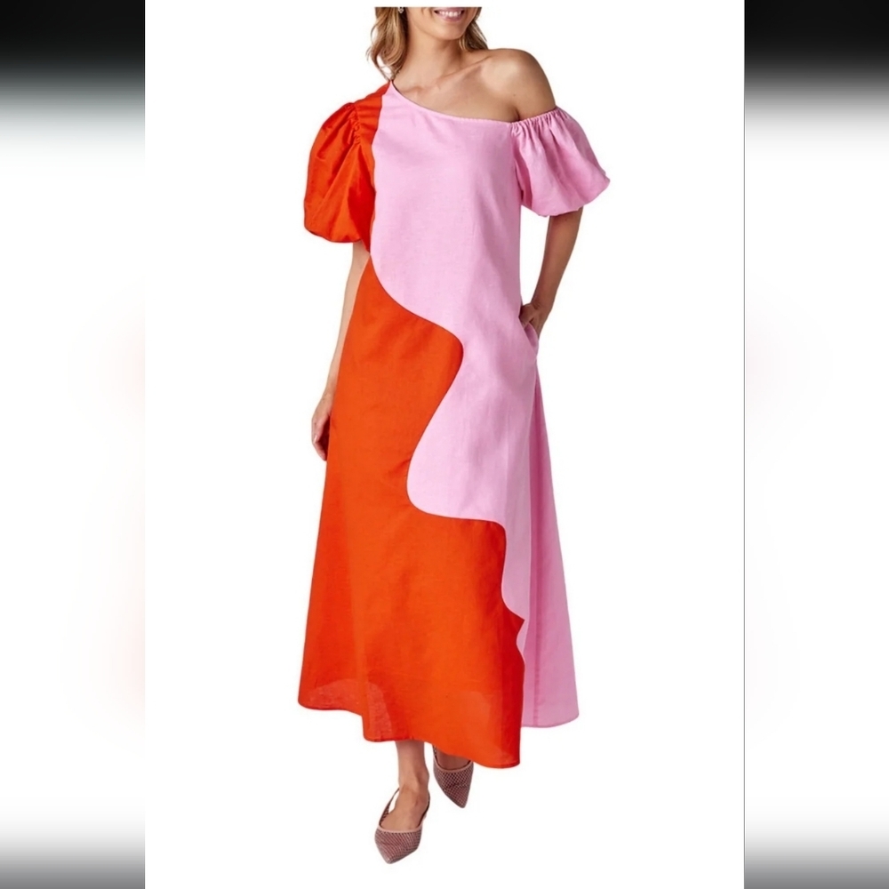 CROSBY by Mollie Burch Lovett One-Shoulder Colorblock Pink and Orange
